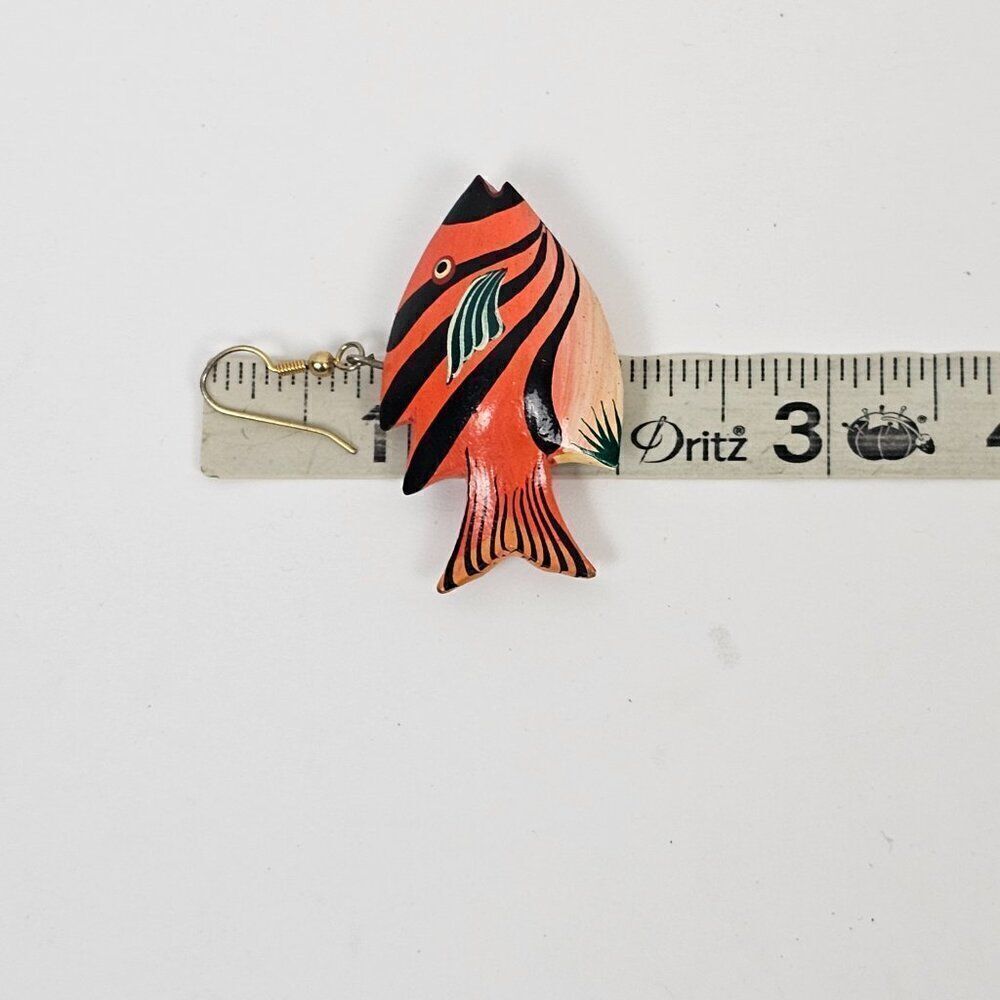 Vintage Fish Hand Painted Orange Wood Dangle Hook Pierced Tropical Boho Earrings - Picture 8 of 9